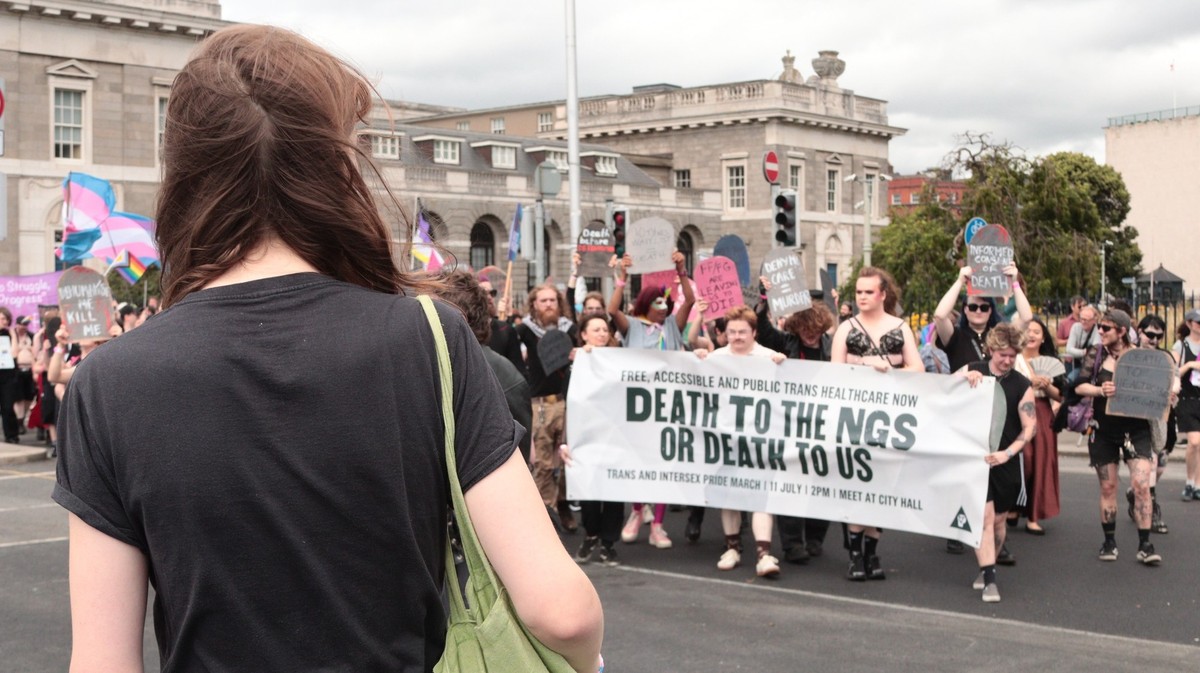 Photo shared by River on June 28, 2026 tagging @jennymaguir, and @transpridedublin on Instagram. Shows a person facking away from the camera, towards a group of people holding a banner that says  'FREE. ACCESSIBLE AND PUBLIC TRANS HEALTHCARE NOW DEATH TO THE NGS OR DEATH TO US TRANS  AND NTERSEX PRIDE MARCH 11th JULY 2PM MEET CITY HALL'. Source of the picture on Instagram: https://www.instagram.com/p/DaIXqGPm1A0/?img_index=1